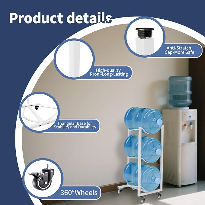 5 Gallon Water Jug Holder with Wheels: 5 Gal Water Bottle Storage Rack Stand for Home Kitchen Office Gym Garage (3 Tier White)