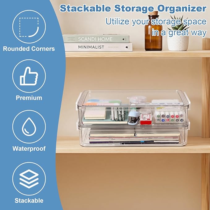 BTSKY 1 Pack Plastic Storage Containers with Lids, Portable Project Case Document Organizer Stackable Plastic File Storage Box for A4 File Paper Documents Scrapbook Art Supplies&Crafts(Big, White)