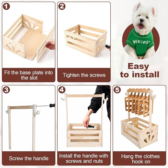 Dog Closet, Wooden Dog Clothes Closet with Hanging Rods and Leash | Pet Wardrobe Crate Box, Dog Clothing Rack, Pet Wardrobe Closet for Dog Cat Toys Clothes Organization Storage