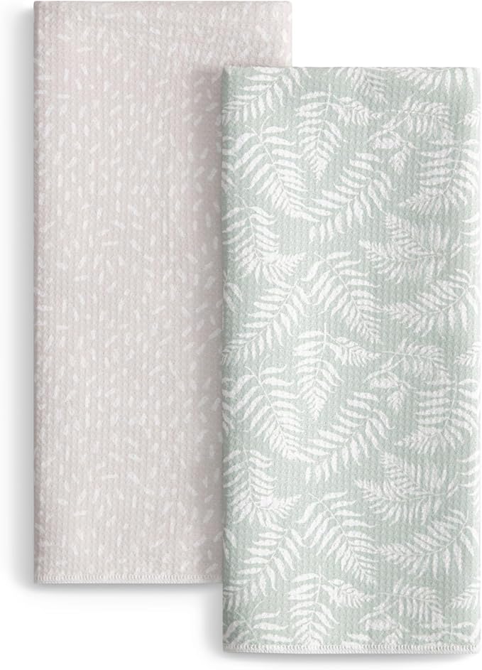 Set of 2 Waffle Kitchen Towels, Quick Dry Dish Towels, Absorbent Reusable Cleaning Tea Towels with Fern Leaf Print,18” x 30”, Housewarming Gifts