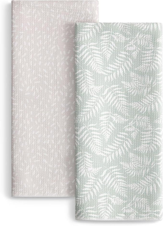 Set of 2 Waffle Kitchen Towels, Quick Dry Dish Towels, Absorbent Reusable Cleaning Tea Towels with Fern Leaf Print,18” x 30”, Housewarming Gifts