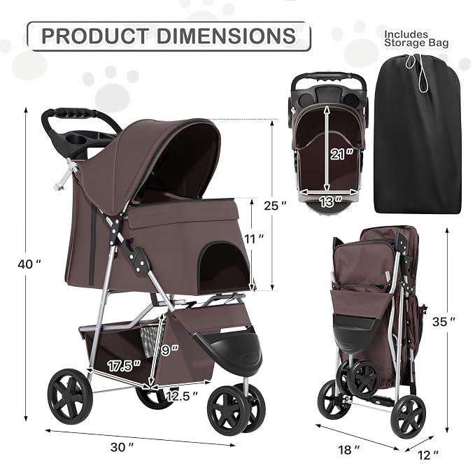 MoNiBloom Pet Stroller for Small/Medium Dogs and Cats up to 33 lbs, Coffee | Foldable Dog Stroller 3 Wheels Pet Strolling Cart w/ Storage Basket Cup Holder, Breathable and Visible Mesh for All-Season