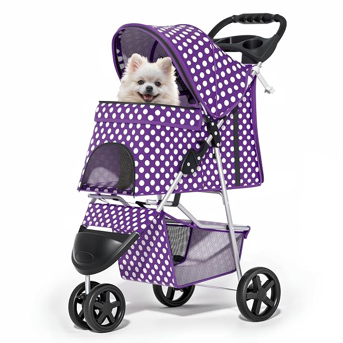 MoNiBloom Pet Stroller for Small/Medium Dogs and Cats, Purple Polka Dots | Foldable Dog Stroller 3 Wheels Pet Strolling Cart w/ Storage Basket Cup Holder, Breathable and Visible Mesh for All-Season
