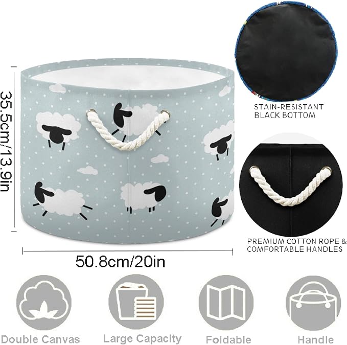 visesunny Cute White Sheep Animal Dot Grey Collapsible Large Capacity Basket Storage Bin with Durable Cotton Handles, Home Organizer Solution for Office, Bedroom, Closet, Toys, Laundry