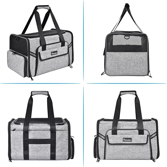 Petmolico Cat Carrier Soft-Sided Airline Approved, Medium, Grey-X862 | For small/medium cats & puppies up to 16 lbs, 3 open doors, travel-friendly pet bag