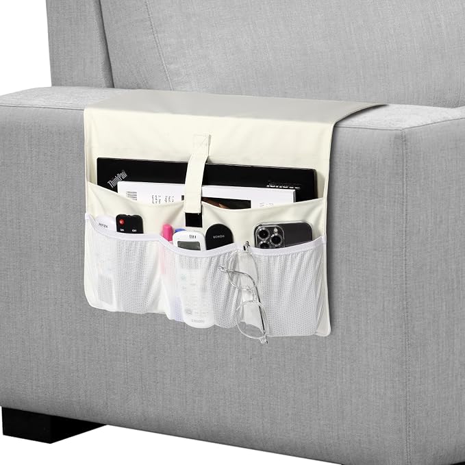 WOMACO Sofa Armrest Remote Magazine Holder, Non-Slip Armchair Recliner Caddy, Couch Arms TV Remote Control Organizer for Tablet, Phone, iPad, Laptop (Ivory, 16" x 35")