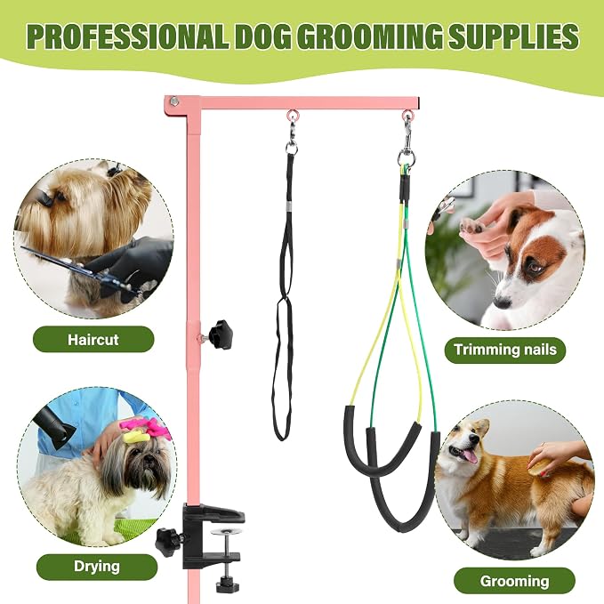 getlstub Dog Grooming Arm with Pet Grooming Hammock, 35" Pet Grooming Table Arm with Adjustable No Sit Haunch Holders, Dog Grooming Stand with Loop Noose for Small and Medium Pets, Pink