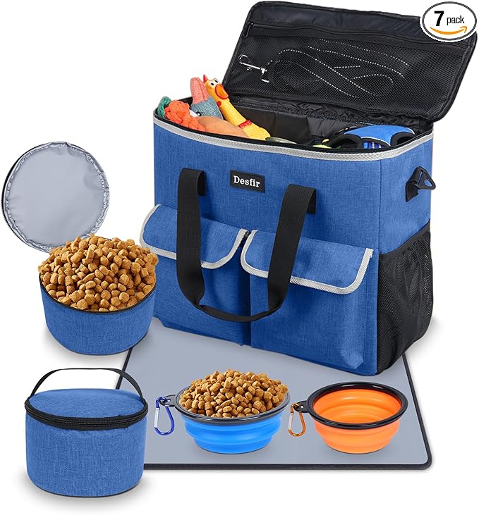 Dog Travel Bag - Dog Travel Kit for a Weekend Away Set Includes Pet Travel Bag Organizer for Accessories, 2 Collapsible Bowls, 2 Travel Food Container