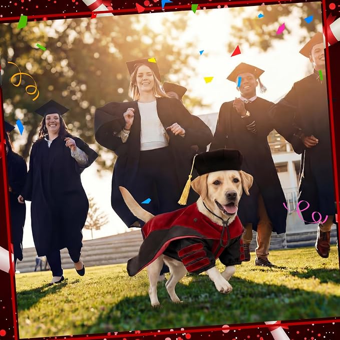 Huhumy 3 Pcs Dog Cat Graduation Doctoral Costume Set, 2026 Pet Phd Graduation Cap and Deluxe Doctoral Gown with Hood Side Tam Puppy Kitty Dogs Grad Holiday Party Costume Accessory(Red,XL)