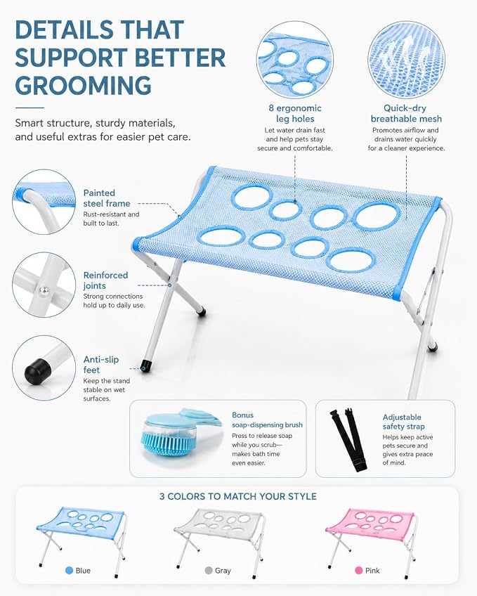 Foldable Pet Bathing Stand, Dog Grooming Hammock with Quick-Dry Mesh, 44 lb | Portable Shower Stand & Sling for Small Dogs & Cats, Steel Frame, 8-Hole Support, Hands-Free Grooming, Folds Flat, Holds 44lb