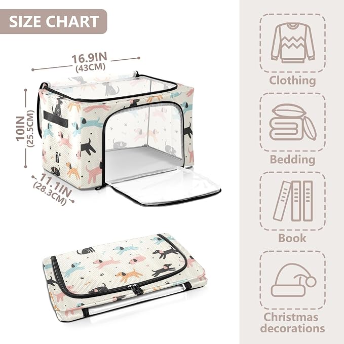 Cute Pets Dogs White print Under Bed Storage Containers with Double Zipper Openings, Foldable Clothes Storage Bins with Clear Window and Handles for Blankets Comforters Bedding