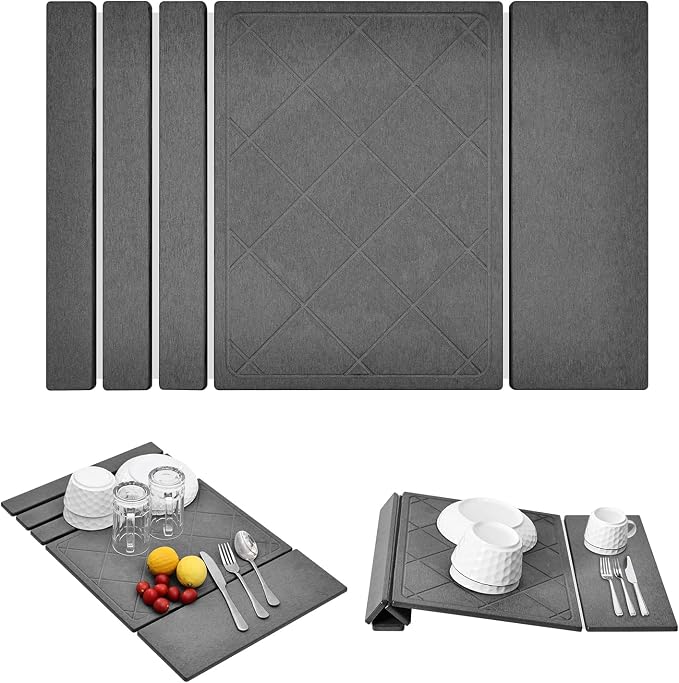 3-in-1 Collapsible Stone Dish Drying Mat for Kitchen Counter 24‘"x16" | Foldable Water Absorbing Diatomaceous Earth Drying Organizer Pad for Plate Rack Bottles Utensils (Gray - Diagonal grid)