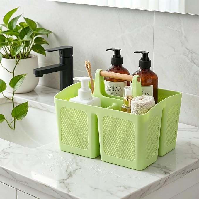 Haundry Plastic Green Shower Caddy Basket with 3 Compartments, Portable Divided Bathroom Cleaning Caddy Organizer Storage Tote with Handle for Dorm, College, Room Essentials