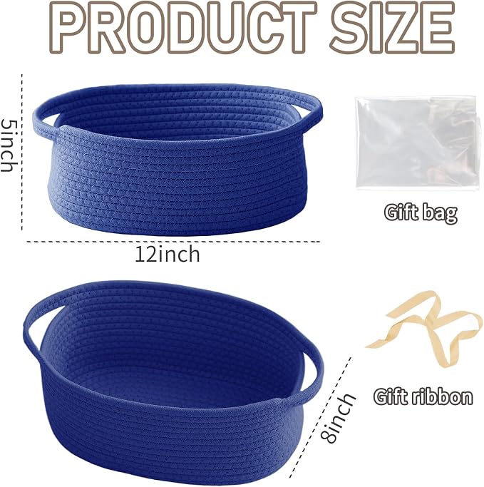 JMvicyroam Small Woven Basket, Empty Gift Basket, Navy Blue/3 Pack | Small Gift Basket, Cotton Rope, 12 x 8 x 29 in, Handles, Includes Ribbon and Bag, Birthday Gift Basket