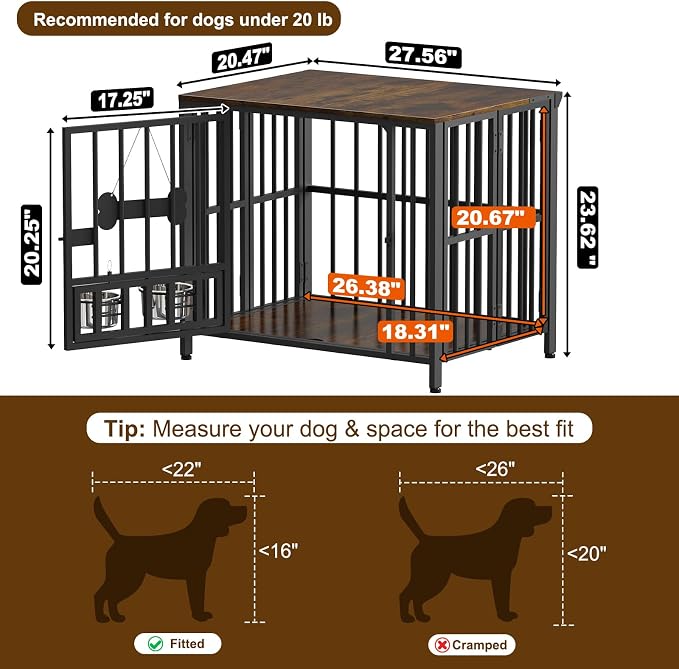 Easycom 27" Foldable Dog Crate Furniture, No Assembly, Rustic Brown | Decorative Wooden Dog Kennel Indoor With Adjustable Bowls and Name Tag, Small Dogs (Under 20 lb), End Table