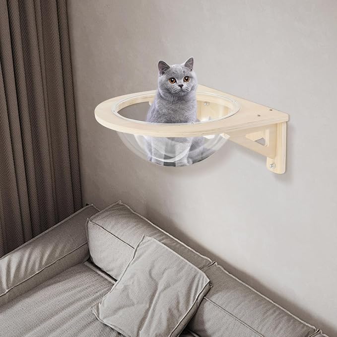 Wall-Mounted Clear Cat Bed Space Capsule - Modern Wooden Cat Wall Shelves for Indoor Cats with Strong Suction Cups, Holds Up to 16.5 lbs