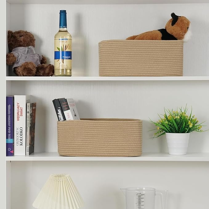 3 Pack Storage Baskets for Organizing, 13.7×9.5×6.3", Brown | Woven Baskets for Shelves, Cotton Rope Basket for Gifts Empty, Closet Organizer Bins with Handles, Cube Decorative Box