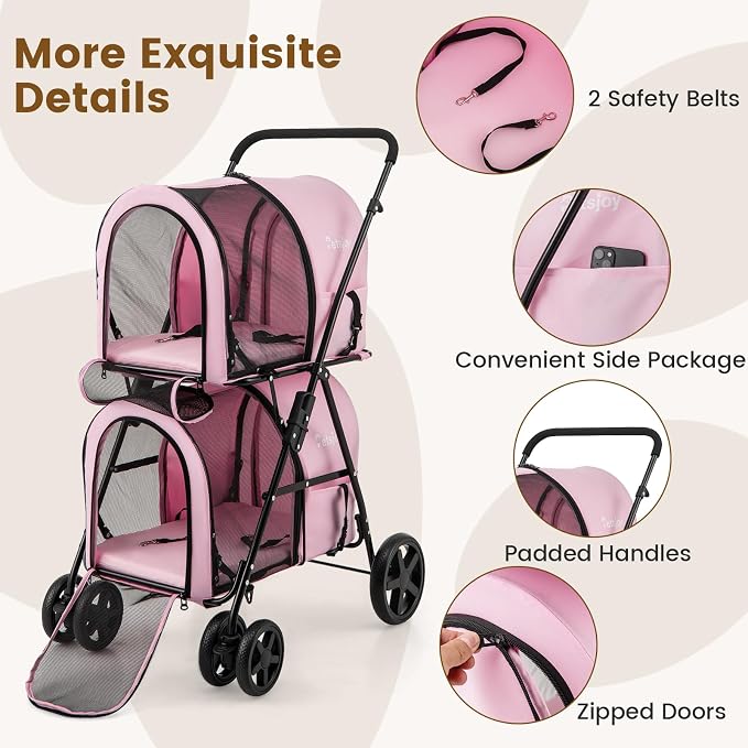 PETSITE Double Dog Stroller, Foldable Pet Stroller for 2 Dogs & Cats Small Medium Sized with Detachable Carrier on Wheels, Ideal for Car Seat Walking Camping Travel (Pink)