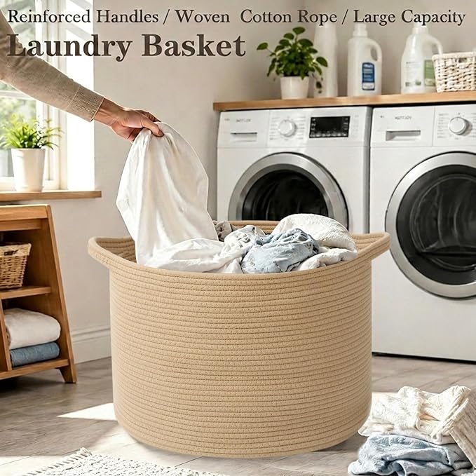 65L Large Blanket Basket,Woven Rope Laundry Basket-Camel | Collapsible, reinforced handles, nursery storage bin organizes clothes, toys and pillows for living room, bedroom bathroom