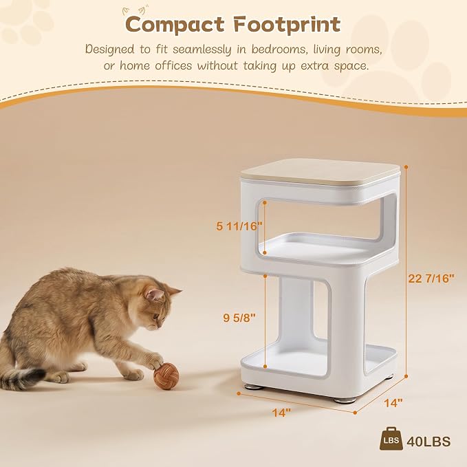 EUREKA ERGONOMIC Side Table Cat Beds, Square End Table with Cat House, Metal Nightstand with 3 Tier Storage, Modern Side Table End Beside Table for Living Room Bedroom Indoor, Easy Assembly, White