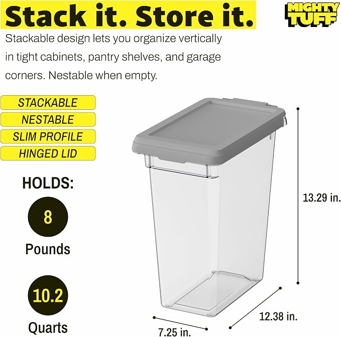 Mighty Tuff 8 lb Pet Food Storage Container with Airtight Lid, Clear | Secure lid clasp helps keep dog and cat food fresh while the clear container simplifies pantry organization.