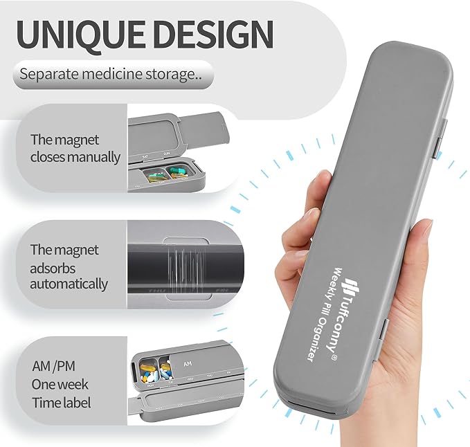 Weekly Pill Organizer - Travel Medicine Organizer, Pill Boxes and Organizer 2 Times a Day, 7 Day Pretty Pill Case, Pill Holder for Vitamins, Medicines and Tablets (Elegant Gray)