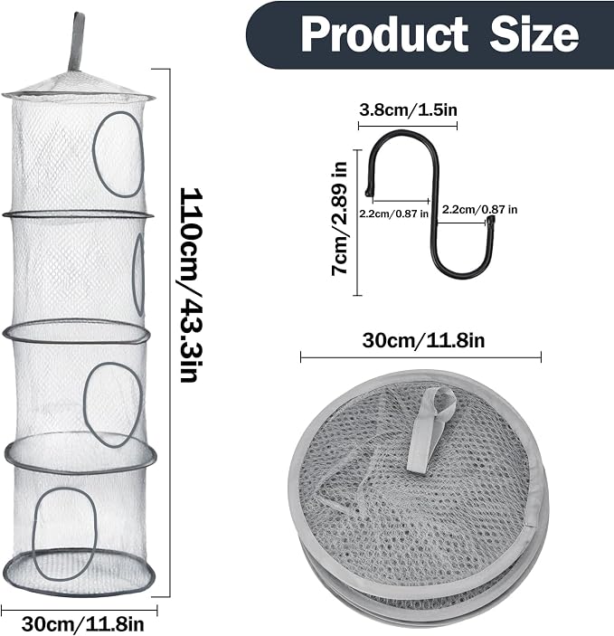 2PCS Hanging Mesh Storage Net, 4 Tier Stuffed Animal Storage with Hook | Grey, Polyester Material, Flexible and Breathable, Space Saving Organizer for Toys Clothes