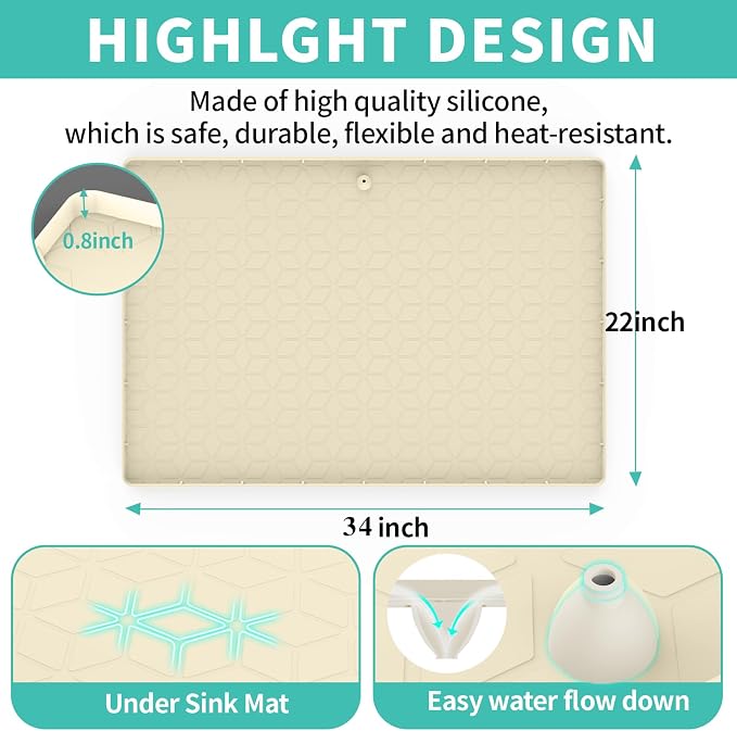 Under Sink Mat for Kitchen Silicone Waterproof Under Sink Liner, Flexible Sink Cabinet Organizer Tray with Drain Hole, Hold up to 3.3 Gallons Liquid, Easy to Clean (Beige, 34X22)