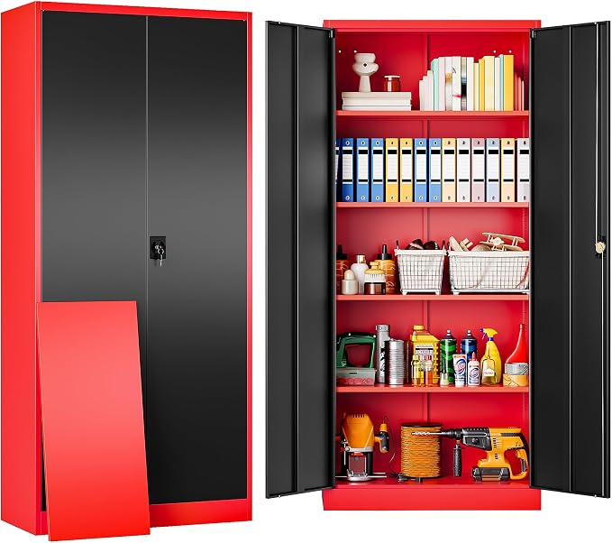 Red Metal Storage Cabinet with Locking Doors and Shelves,Garage Storage Cabinet with Lock,Steel Locker,Lockable Cabinets for Home,Office,Shop,Garage Cabinets