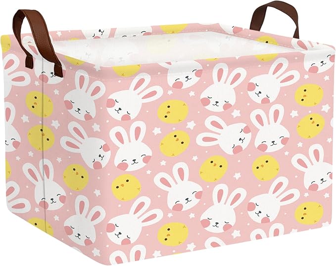 Large Cute Easter Basket for Kid Empty Gift Baby Rectangle Storage Bin Bunny Eggs Boy＆Girl Room Décor (Rabbit Chicken Star Pink)