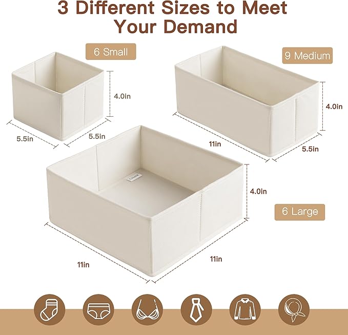 Drawer Organizer Clothes, 21 Pack Dresser Organizer for Baby Clothes, Underwear, Sock - Foldable Closet Organization and Storage Dividers Bins for Nursery, Bedroom (Oatmeal)