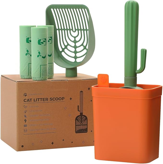 MUTTROS Cactus Cat Litter Scoop with Holder, Green | 3 Rolls; Wheat straw plastic; ABS handle