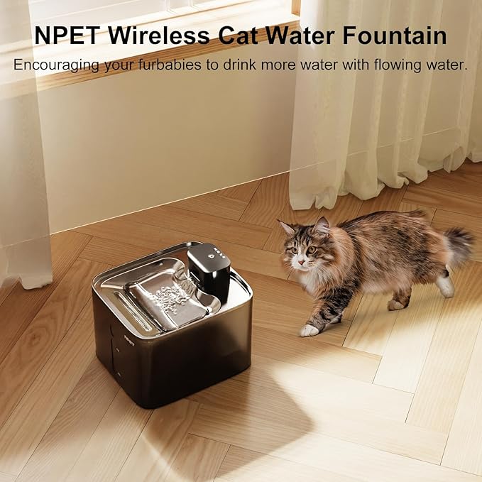 NPET Wireless Cat Water Fountain, 1 Gallon/135oz Pet Fountain with Motion Sensor, 4000mAh Rechargeable Battery Operated＆Stainless Steel Tray, Auto Cordless Water Dispenser with Multi-Filtration Filter