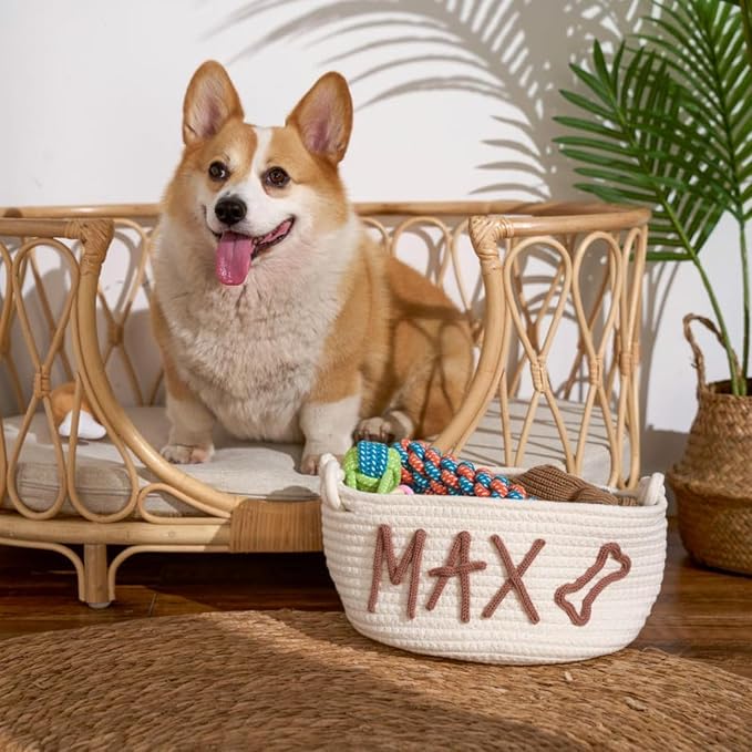 Personalized Dog Toy Basket,Rope Cotton Gift Basket with Pet's Name,Custom Storage Box Chest Organizer for For Dog,Cat,Toys,Coats,Clothing,Blankets,Pet Gift (35 * 19 * 13cm)