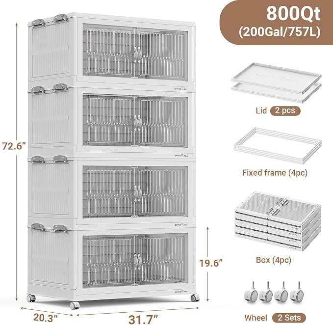 BROVIEW 800QT Extra Large Stackable Storage Bins with Lids, 4Pack White | 200Gal Plastic Collapsible Cabinets Containers, Wheels & PET Doors, Foldable Closet Organizers Drawers for Office, Dorm