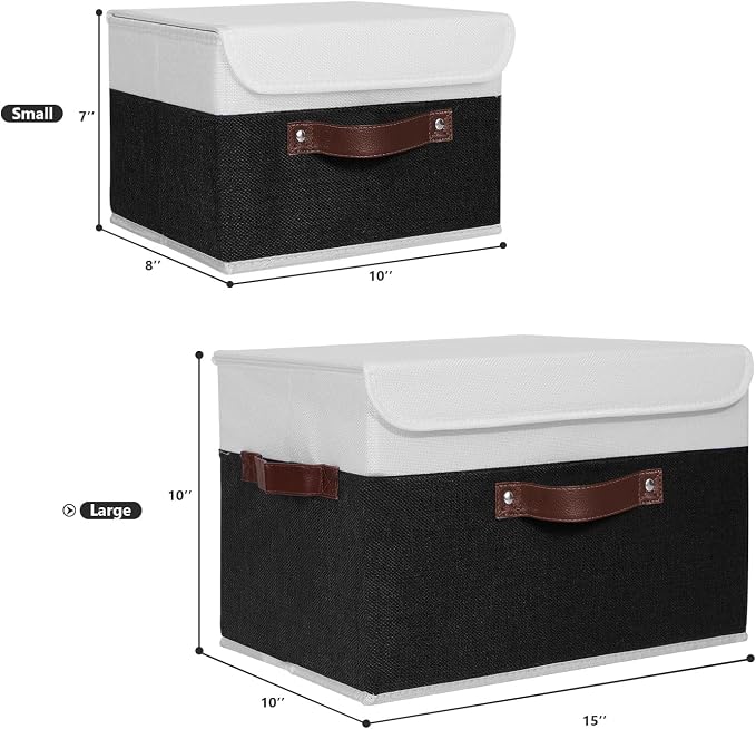 ANMINY Fabric Storage Box Bins with Lids, Black White, 15"x10"x10", 2 Pack | Keepsake Memory Storage, Cotton Linen, PP Board Reinforced, Washable, PU Handles, Foldable & Stackable, Decorative, Large