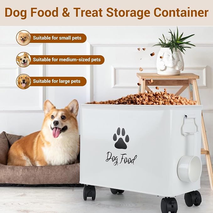 Dog Food Container 13lb, Cute Airtight Pet Food Storage Containers with Metal Lid Scoop, Black Metal Storage Bin for Dog/Cat with Wheels,Easy to Move White
