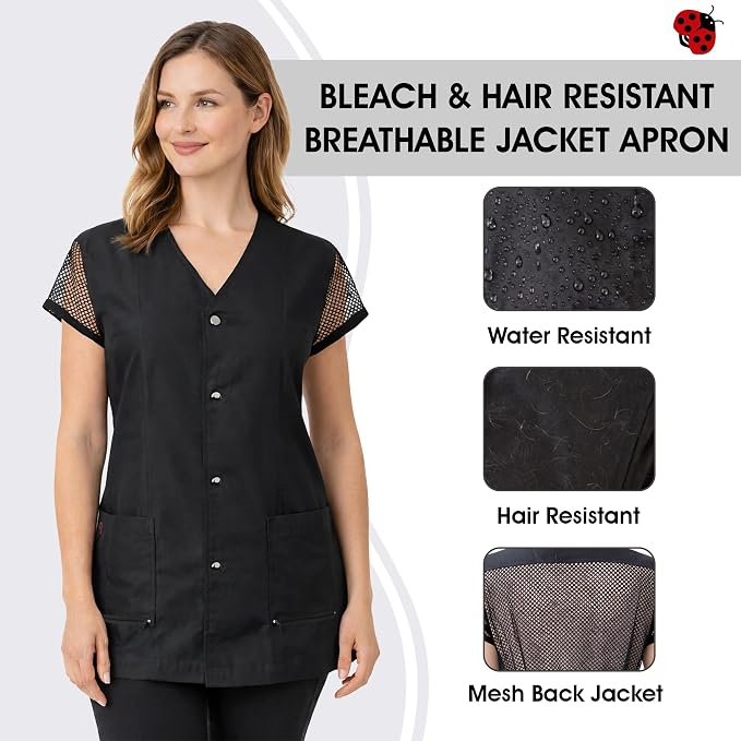 430 Black Water Resistant Grooming Jacket, Hair Bleach Resistant, Breathable Mesh Lining, Adjustable Back Belt