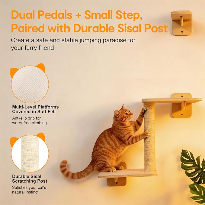 8-in-1 Cat Wall Shelves for Large Cats, Wall Mounted Cat Furniture with Feeding Station&Extra Wide Hammock, Heavy Duty Cat Climber for Indoor Cats to Sleep Play & Eat, 44lbs Capacity, Wood