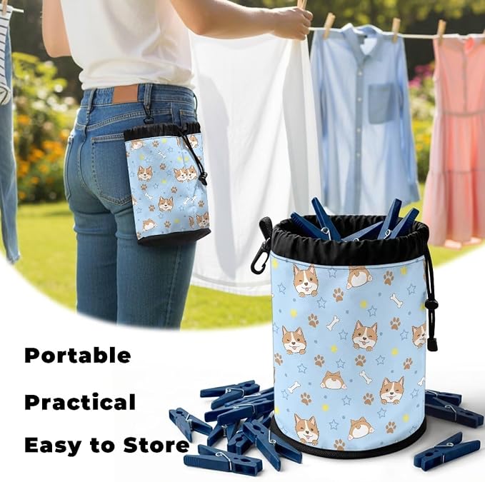 Clothespin Storage Bag with Hooks & Drawstring Closure Corgi Pet Paw Space Saving Organizer for Clothes Pins, Hangs on Clothesline/Drying Rack