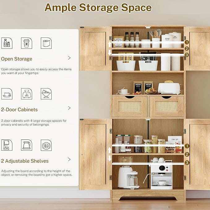 TEENFON 57.8" H Tall Storage Cabinet with 2 Drawers & 2 Adjustable Shelves, Rattan Cabinets with 4 Doors, Cupboard, Kitchen Cabinets, Pantry Cabinet, Tall Cabinet for Living Room, Entryway, Natural