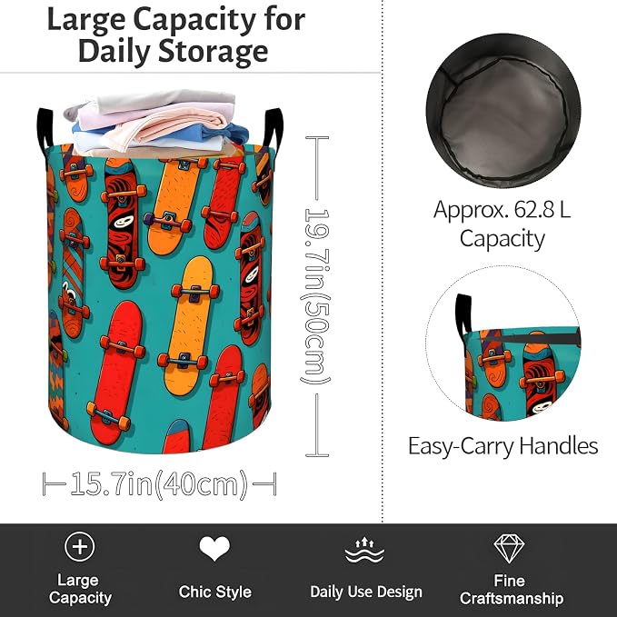 Colorful Skateboard Laundry Basket, Cool Cartoon Foldable Oxford Cloth, Waterproof Dirty Clothes Hamper with Handles, Clothing Storage Bin Toy Organizer for Bedroom Dorm Bathroom, 19.7"x15.7"