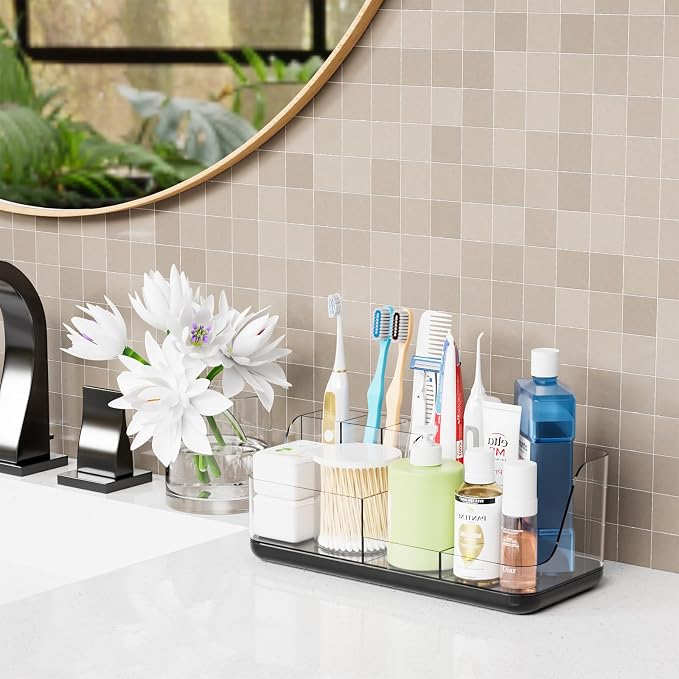 Mens Bathroom Organizer and Storage,Black Bathroom Sink Caddy Countertop,Large 7 Slot Vanity Bathroom Toiletry Organizers and Toothbrush Holders for Toothpaste,Electric Tooth Brush Organizer