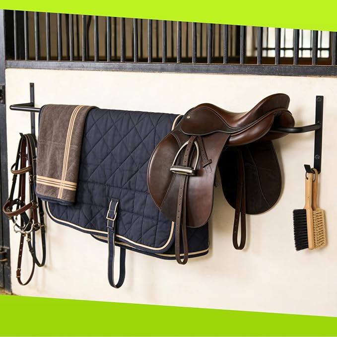 4Pcs Heavy Duty Horse Blanket Rack with Bridle Hooks | Wall Mounted Blanket Bar, Saddle Pad Rack for Horse Blanket Storage, Ideal for Horse Stall, Tack Room, Stable & Barn, Black