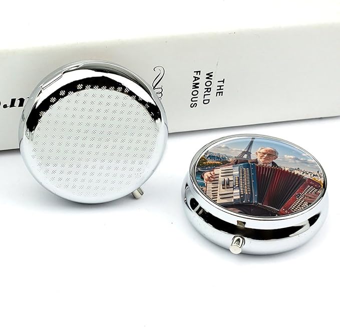3 Compartment Medicine Pill Case, Musicians and Instruments Round Pill Box, Portable Decorative Medicine Organizer for Pocket Or Purse Vitamin Organize