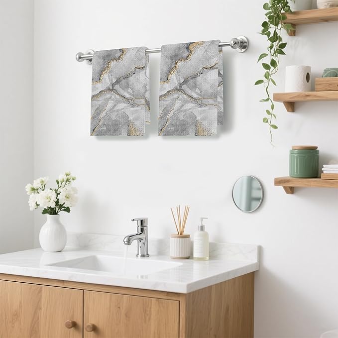 White Marble with Gold Veins Hand Towels,Set of 2 Absorbent Bath Towel Kitchen Dish Towel Home Gym Hotel Bathroom Decor,16x24 Inches