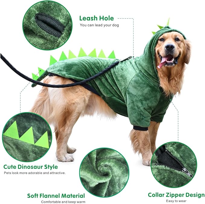 Idepet Large Dogs Halloween Dinosaur Costume Jacket Pet Dog Warm Fleece Winter Clothing Outfits Funny Apperal Golden Retriever Pitbull Clothes Hoodie (4XL)
