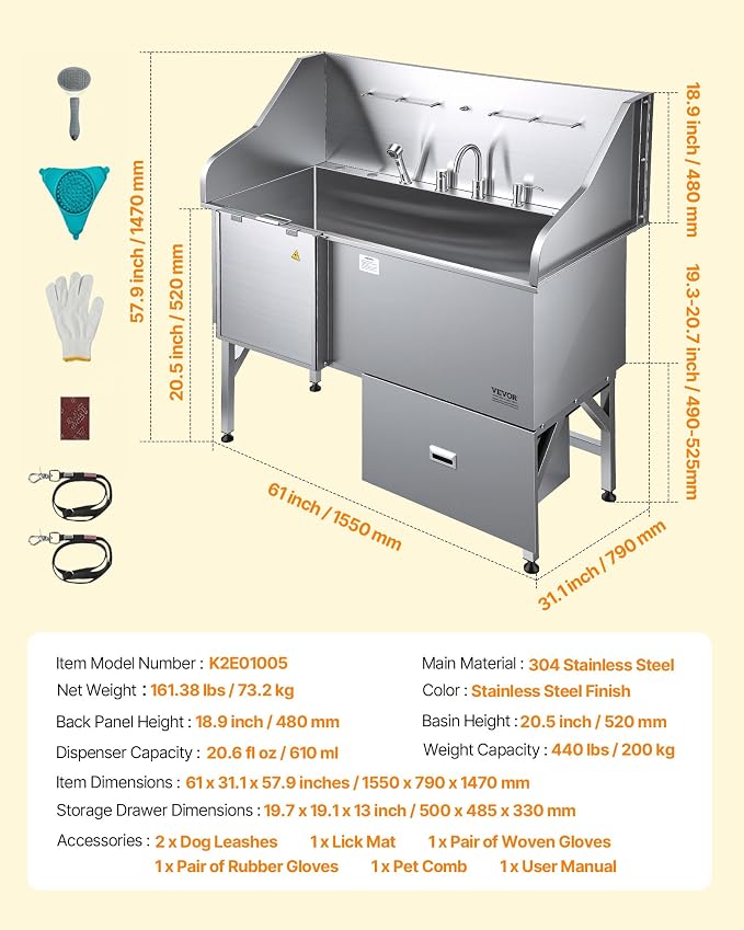 VEVOR Professional 304 Stainless Steel Dog Bathing Station, 61 inch Pet Grooming Tub w/Anti-Slip ramp, Storage Drawer, Cold Hot Faucet Showerhead for Large & Medium & Small (Right Door, with Drawer)