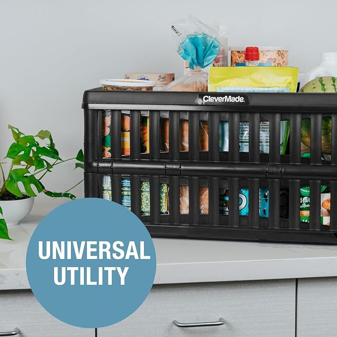 CleverMade Collapsible Utility Crates, 60L Storage Crate, 3 Pack, Obsidian | Haul Bigger Loads Without Sagging | Reinforced Base Bracing Holds 66 lb | 3-High Stacking and Fold-Flat Storage Save Space