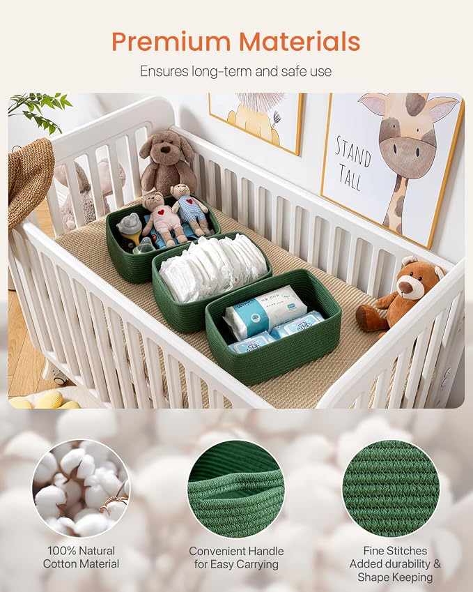 KALLAX Small Woven Storage Basket for Organizing, 13.5x9.5x5 inches, 3 Pack | Shelf baskets for closet organization, toy storage and home decor, Perfect as empty gift baskets for holidays, Green